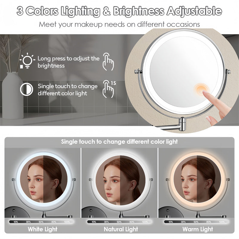 Mosrugs | Rechargeable Wall Mounted Shaving Mirror | 360° Rotation. 1X/10X Magnification & Adjustable LED Lighting for Bathroom Use