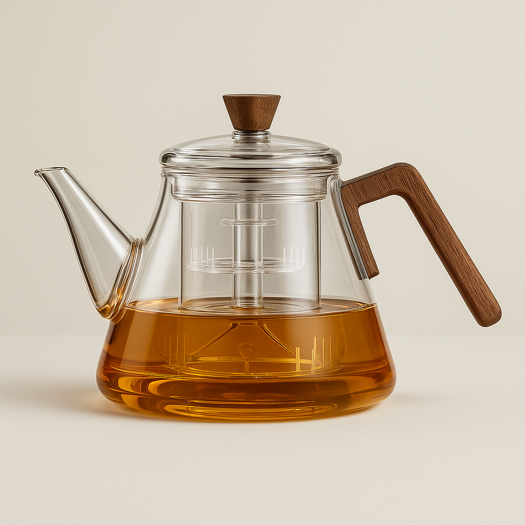 Mosrugs | Aetheris Glass Brew Teapot – Heat-Resistant Glass Teapot with Wooden Handle & Infuser (900ml)