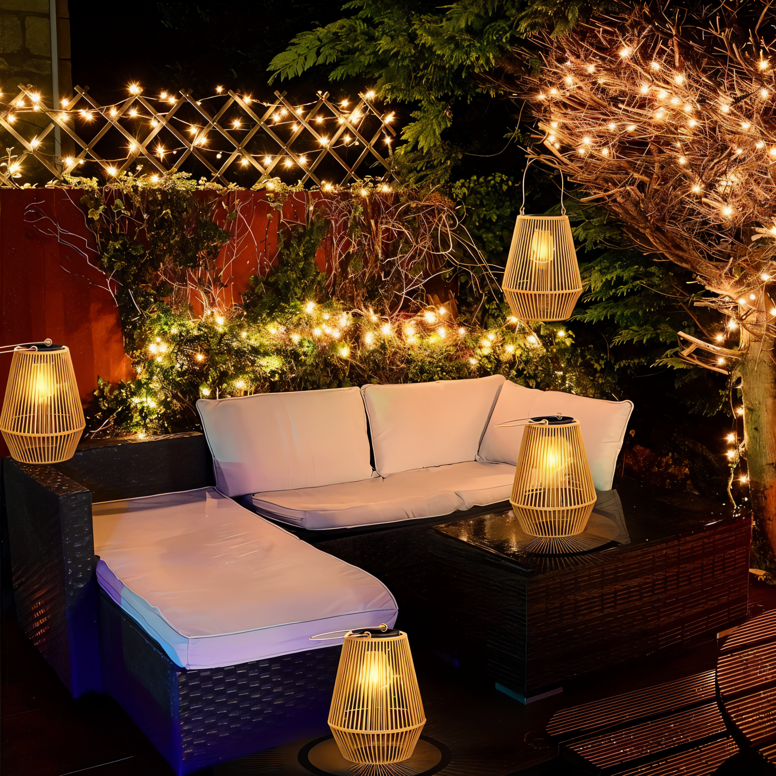 Mosrugs | CageRattan – Bamboo Solar Garden Light – Waterproof Hanging Lantern