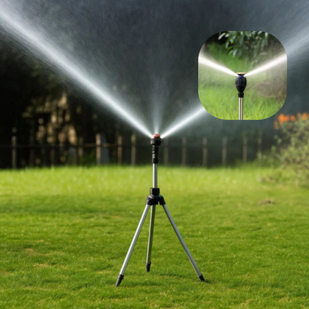 Mosrugs | High-Pressure Rotating Tripod Sprinkler | 360° Coverage, Adjustable Height & Quick Setup for Garden Care and Summer Fun