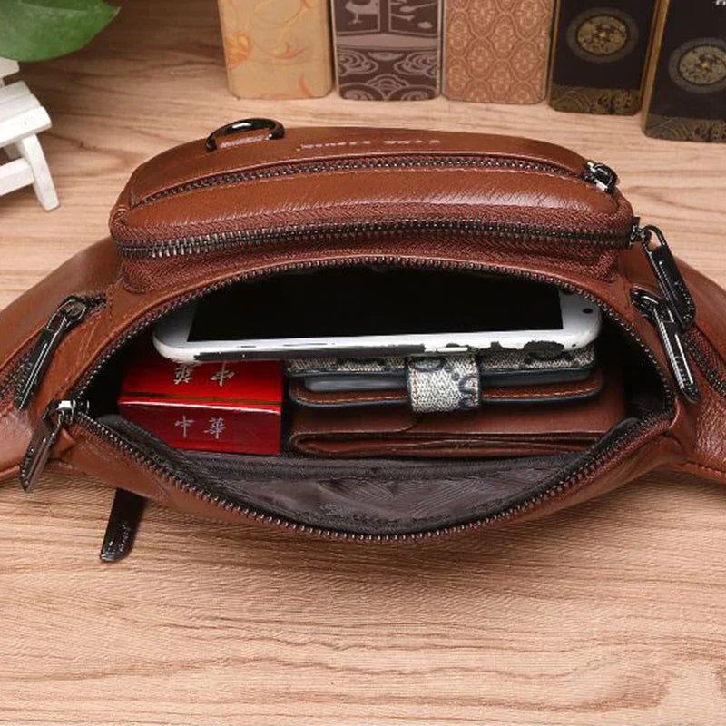 Mosrugs | Genuine Cowhide Leather Waist Bag for Men – Large Capacity Fanny Pack, Belt & Crossbody Travel Bag