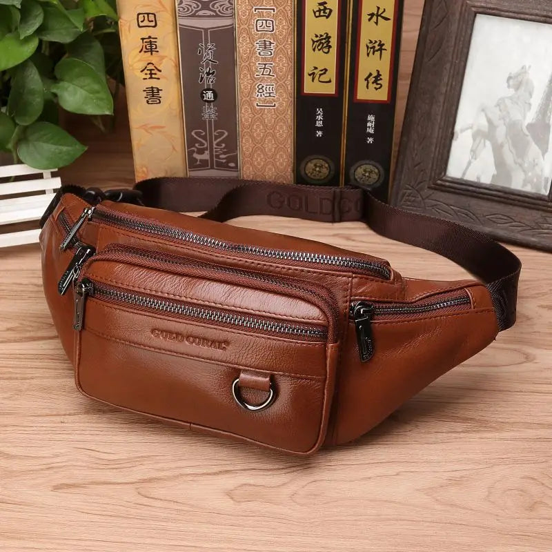 Mosrugs | Genuine Cowhide Leather Waist Bag for Men – Large Capacity Fanny Pack, Belt & Crossbody Travel Bag