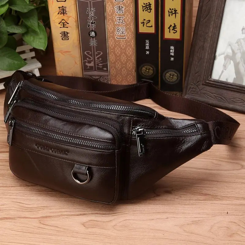Mosrugs | Genuine Cowhide Leather Waist Bag for Men – Large Capacity Fanny Pack, Belt & Crossbody Travel Bag