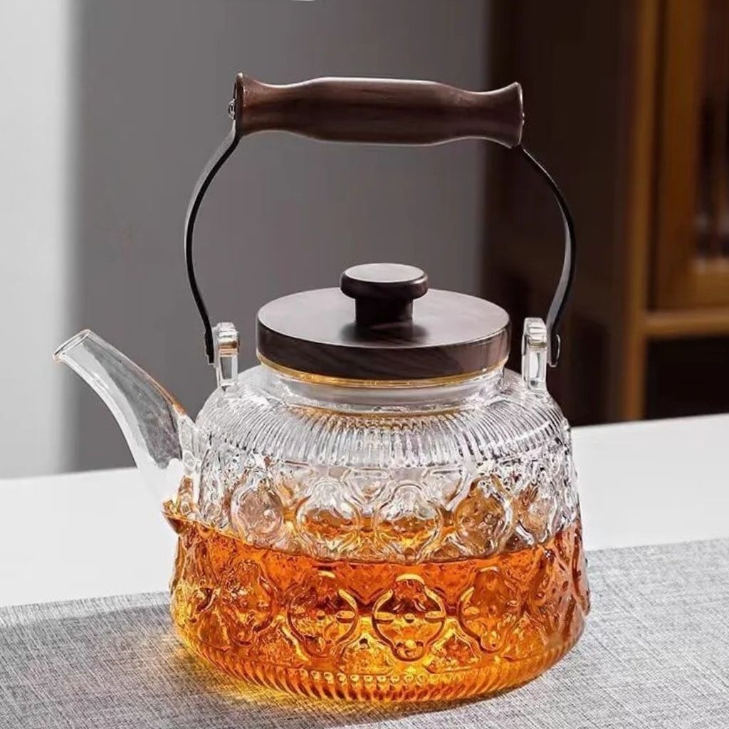 Mosrugs | Zoie Glass Teapot with Infuser – Heat-Resistant 1000ml Borosilicate Kettle with Wooden Handle