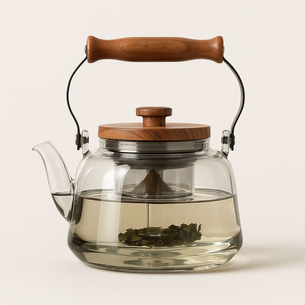 Mosrugs | Zoie Glass Teapot with Infuser – Heat-Resistant 1000ml Borosilicate Kettle with Wooden Handle