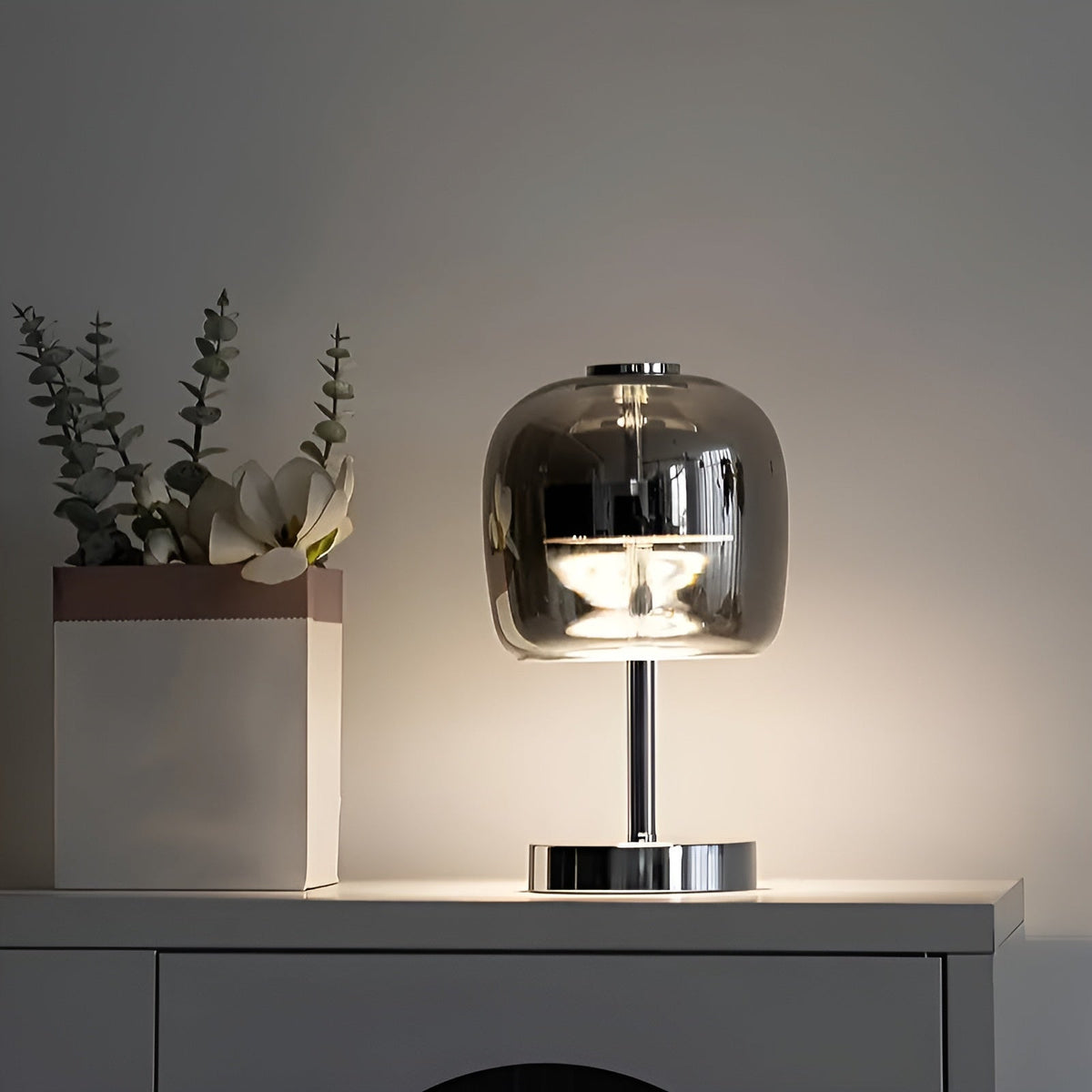 Mosrugs | Gleam Glass Table Lamp – Smoky Grey USB-Powered Dimmable LED Light for Bedroom & Desk