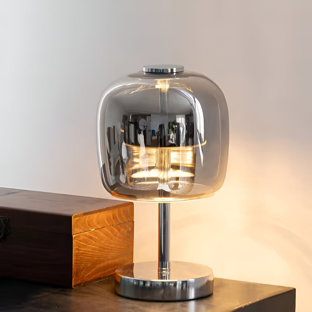 Mosrugs | Gleam Glass Table Lamp – Smoky Grey USB-Powered Dimmable LED Light for Bedroom & Desk