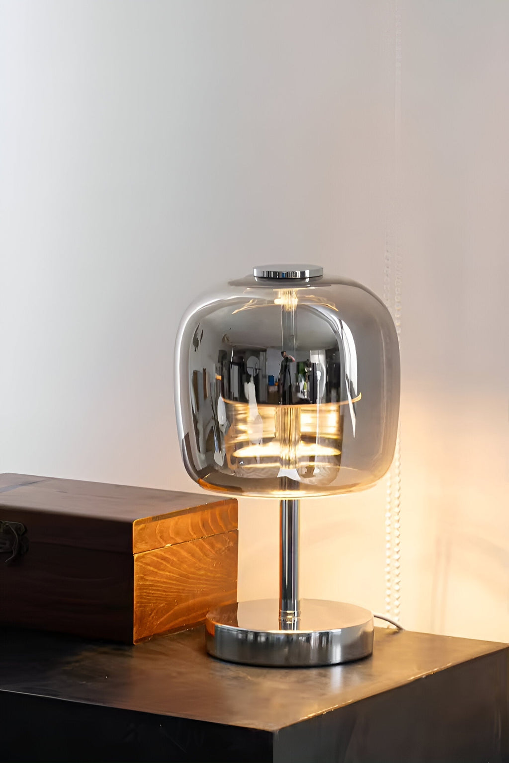 Mosrugs | Gleam Glass Table Lamp – Smoky Grey USB-Powered Dimmable LED Light for Bedroom & Desk