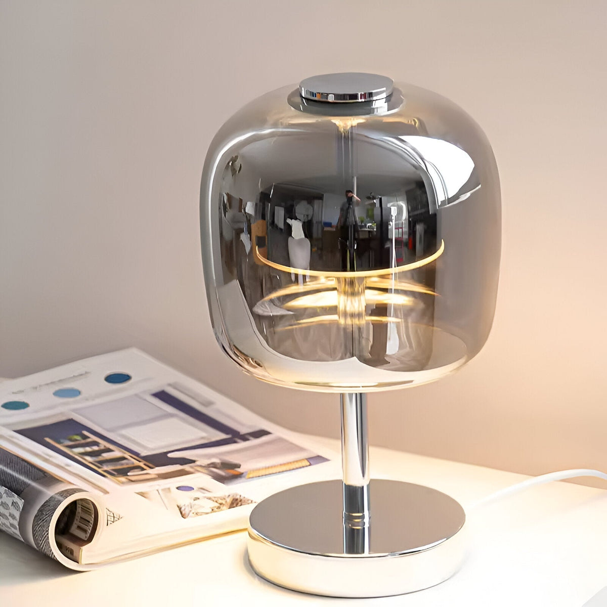 Mosrugs | Gleam Glass Table Lamp – Smoky Grey USB-Powered Dimmable LED Light for Bedroom & Desk
