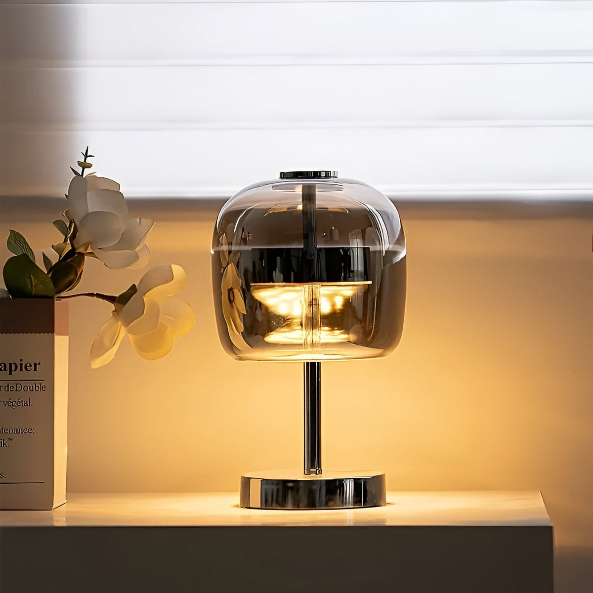 Mosrugs | Gleam Glass Table Lamp – Smoky Grey USB-Powered Dimmable LED Light for Bedroom & Desk