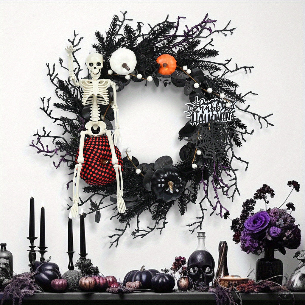 Mosrugs | Gothic Skeleton Pumpkin Halloween Wreath for Door – Spooky Decor with Faux Pumpkins and Eerie Accents