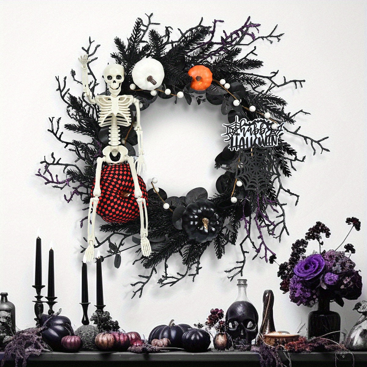 Mosrugs | Gothic Skeleton Pumpkin Halloween Wreath for Door – Spooky Decor with Faux Pumpkins and Eerie Accents