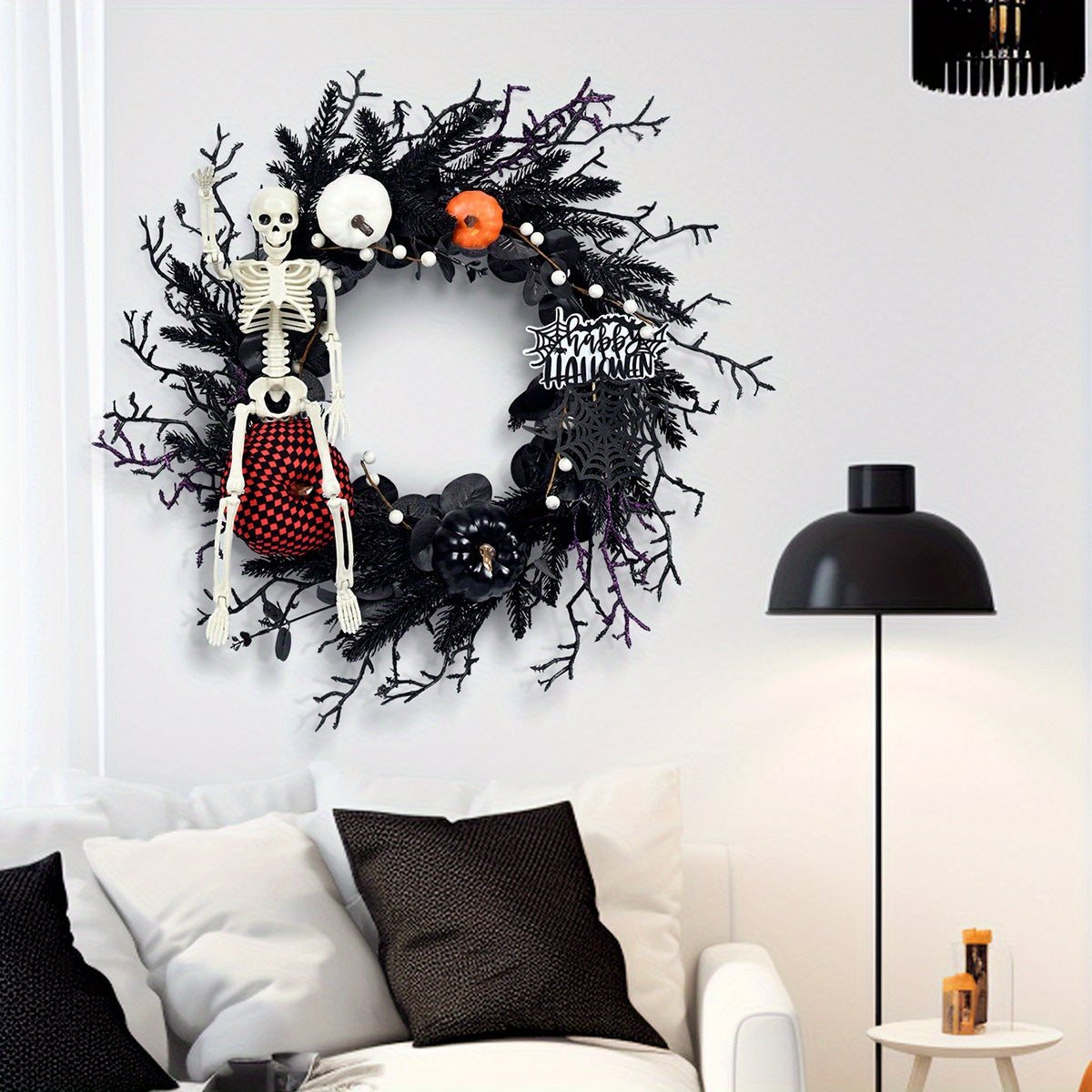 Mosrugs | Gothic Skeleton Pumpkin Halloween Wreath for Door – Spooky Decor with Faux Pumpkins and Eerie Accents