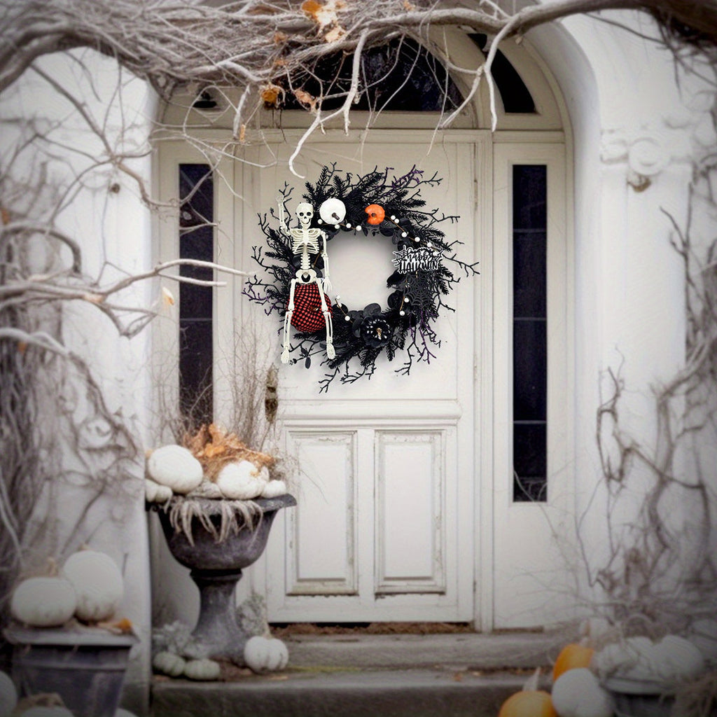 Mosrugs | Gothic Skeleton Pumpkin Halloween Wreath for Door – Spooky Decor with Faux Pumpkins and Eerie Accents