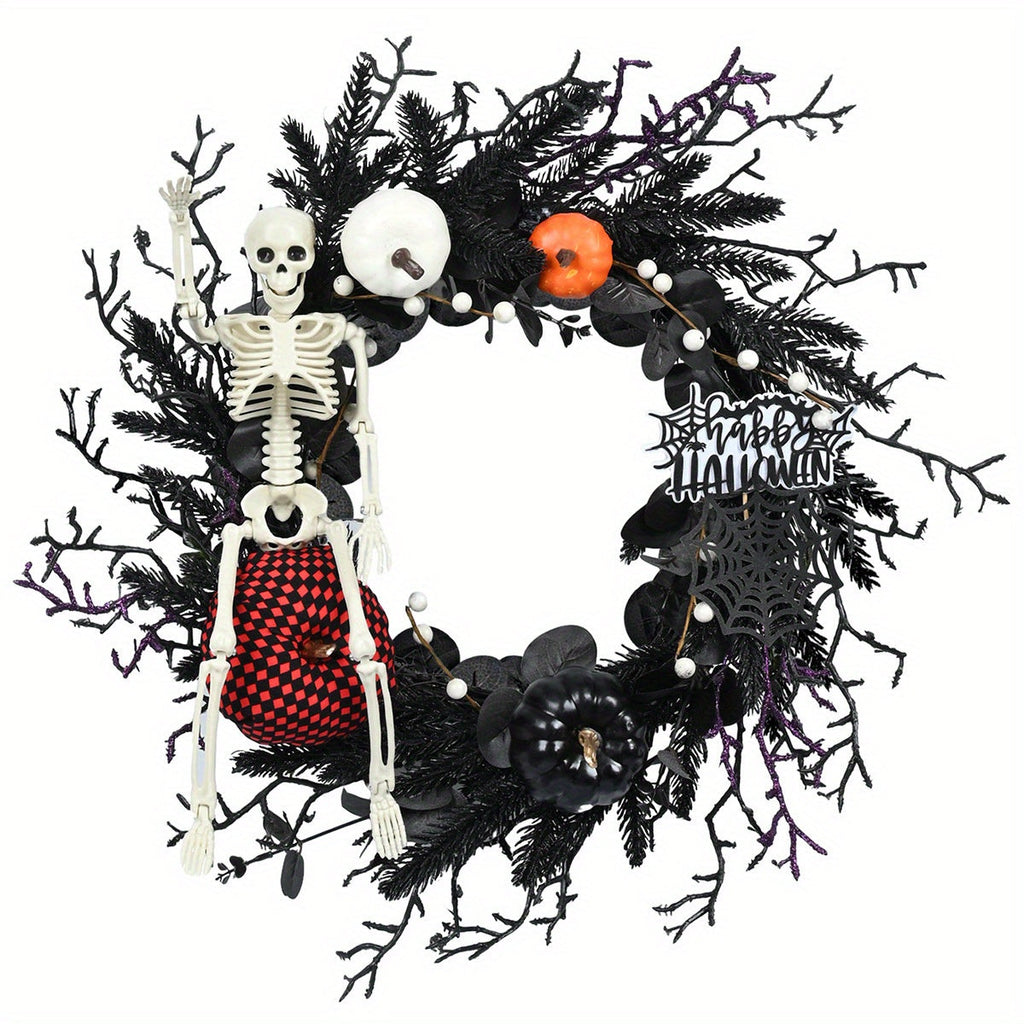 Mosrugs | Gothic Skeleton Pumpkin Halloween Wreath for Door – Spooky Decor with Faux Pumpkins and Eerie Accents