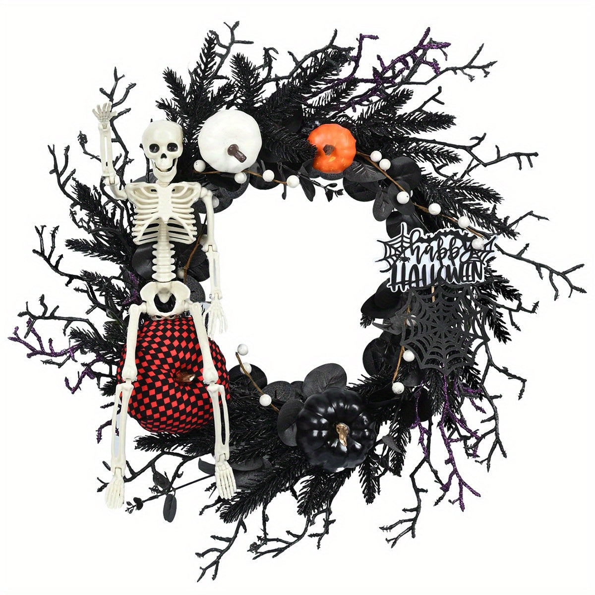 Mosrugs | Gothic Skeleton Pumpkin Halloween Wreath for Door – Spooky Decor with Faux Pumpkins and Eerie Accents