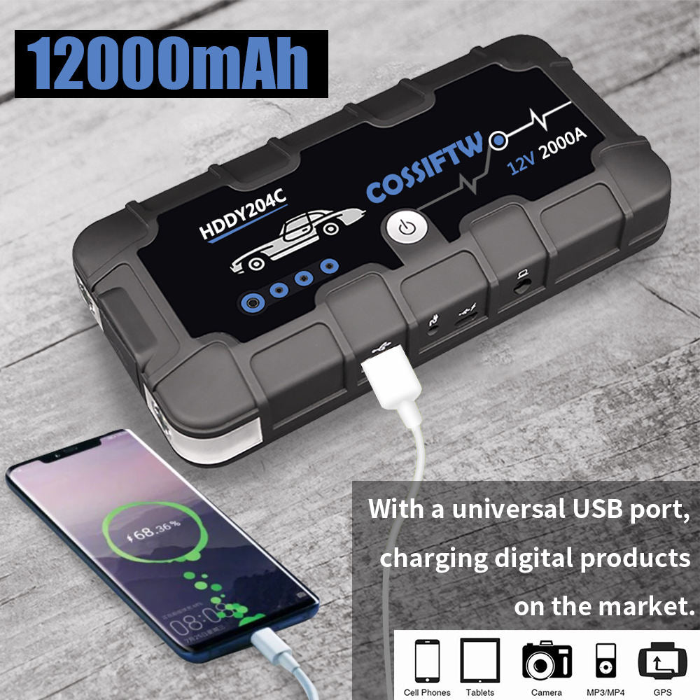 Mosrugs | 2000A UltraSafe 12V Car Jump Starter – Portable Battery Booster Pack with USB Charger & LED Flashlight – Up to 6.0L Petrol / 3.0L Diesel Engines