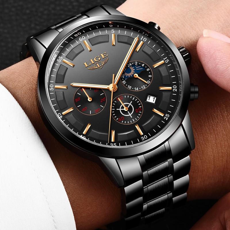 Mosrugs | Military Black Steel Watch – Men's Stainless Steel Wristwatch with Day, Date & Night Display
