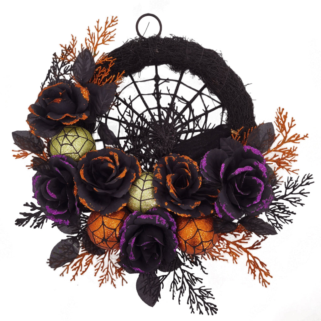 Mosrugs | Halloween Gothic Floral Wreath - Black Roses & Spiderweb Front Door Decor with Glitter Accents