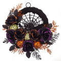 Mosrugs | Halloween Gothic Floral Wreath - Black Roses & Spiderweb Front Door Decor with Glitter Accents
