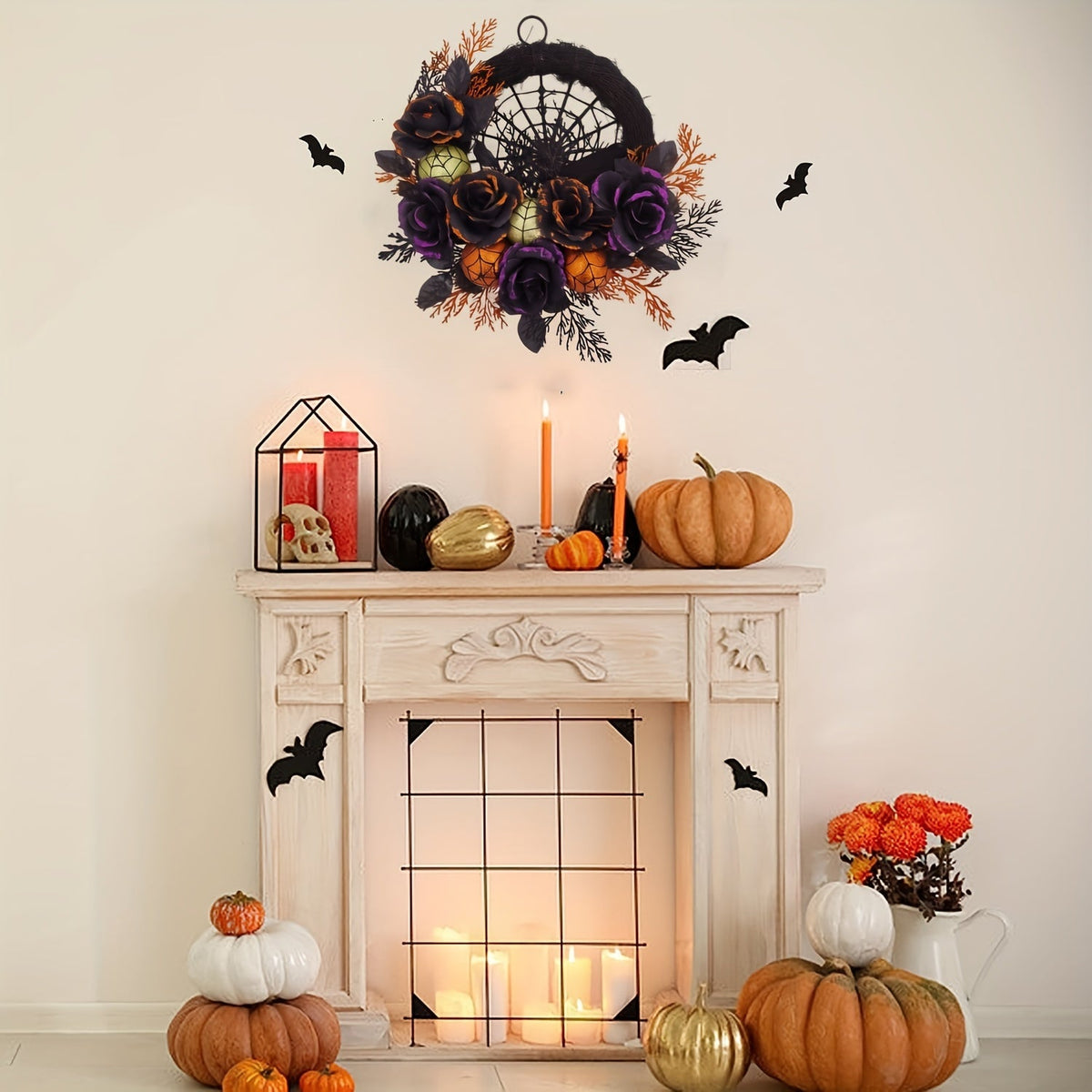 Mosrugs | Halloween Gothic Floral Wreath - Black Roses & Spiderweb Front Door Decor with Glitter Accents