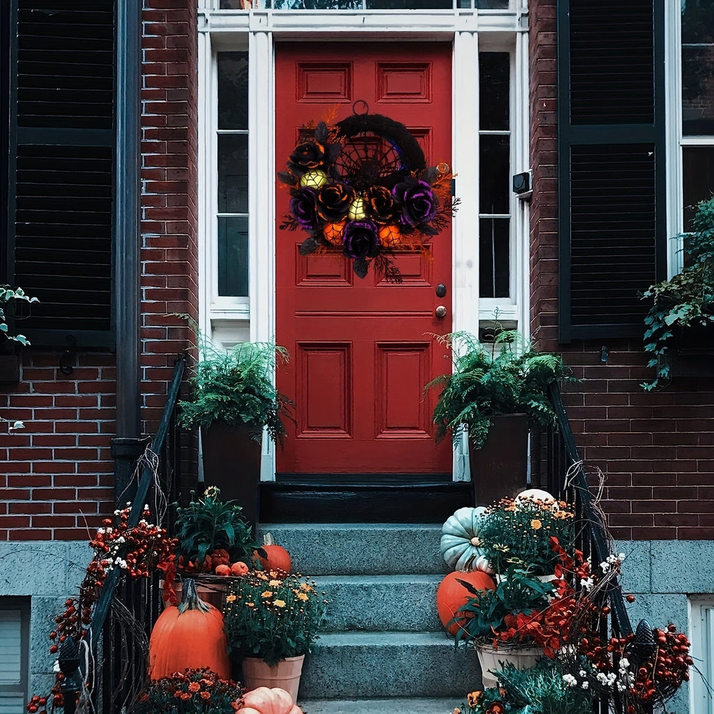 Mosrugs | Halloween Gothic Floral Wreath - Black Roses & Spiderweb Front Door Decor with Glitter Accents