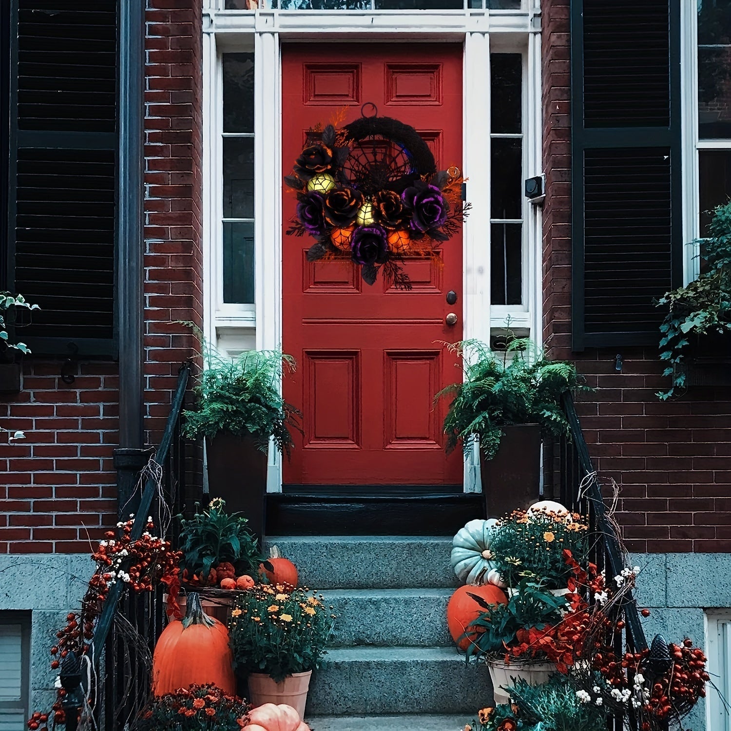 Mosrugs | Halloween Gothic Floral Wreath - Black Roses & Spiderweb Front Door Decor with Glitter Accents