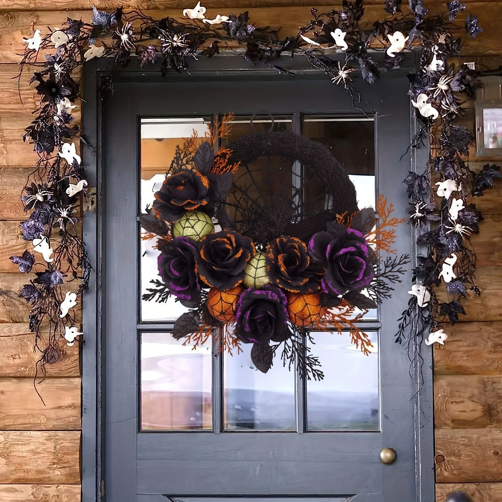 Mosrugs | Halloween Gothic Floral Wreath - Black Roses & Spiderweb Front Door Decor with Glitter Accents