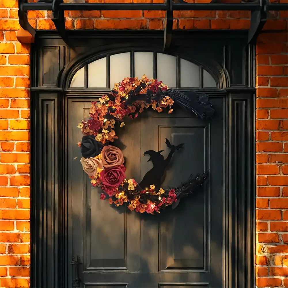 Mosrugs | Rustic Witch Wreath – Crescent Moon Halloween Floral Door Decoration