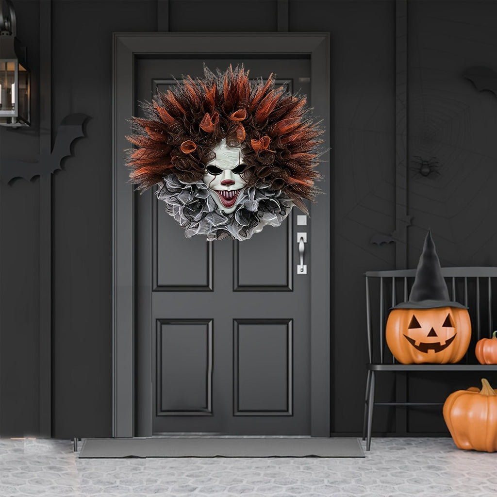 Mosrugs | Scary Clown Mesh Wreath – Creepy Halloween Front Door Decoration