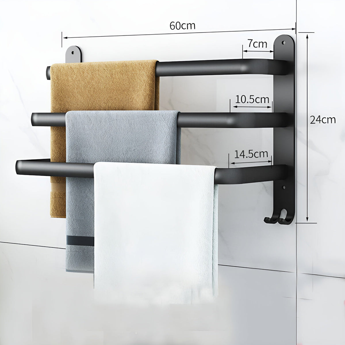 Mosrugs | HangEase 3-Layer Towel Holder – Black Wall-Mounted Aluminium Rack Without Drilling