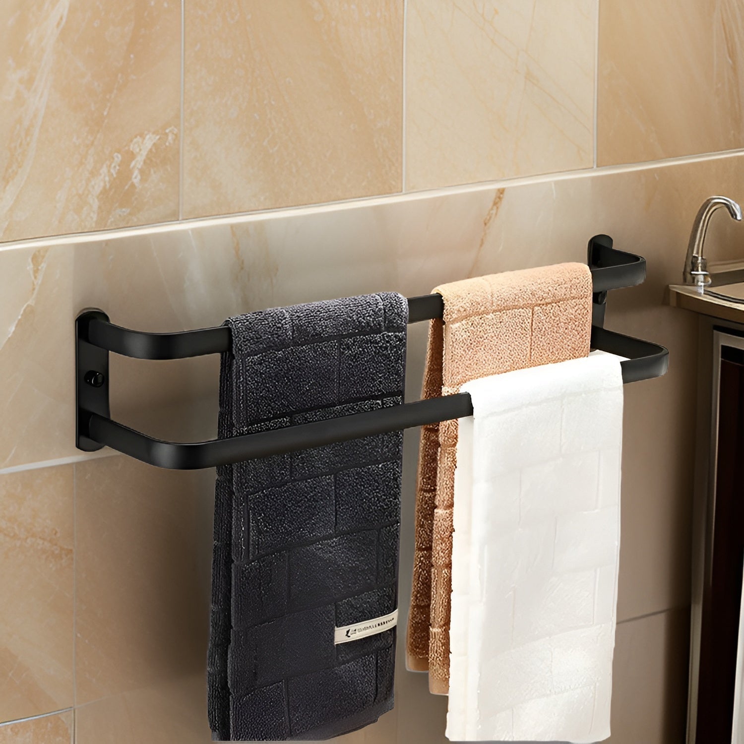 Mosrugs | HangEase 3-Layer Towel Holder – Black Wall-Mounted Aluminium Rack Without Drilling