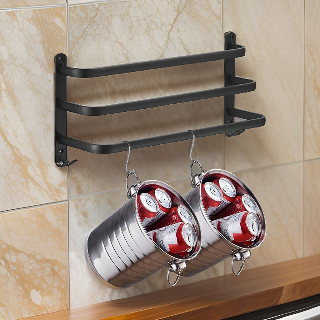 Mosrugs | HangEase 3-Layer Towel Holder – Black Wall-Mounted Aluminium Rack Without Drilling