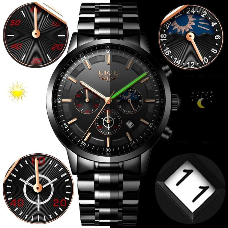 Mosrugs | Military Black Steel Watch – Men's Stainless Steel Wristwatch with Day, Date & Night Display