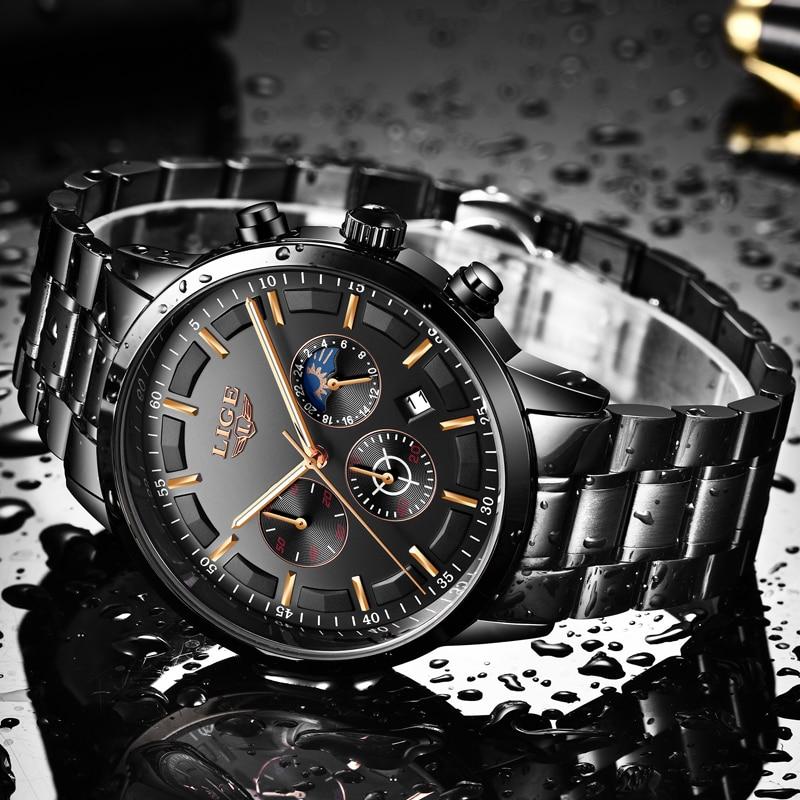 Mosrugs | Military Black Steel Watch – Men's Stainless Steel Wristwatch with Day, Date & Night Display