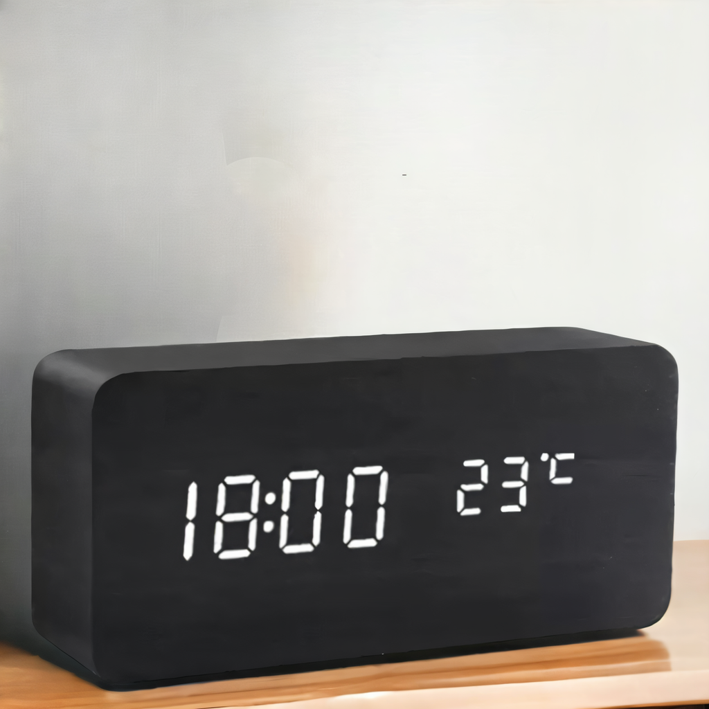Mosrugs | WakeyCue | Modern Wooden LED Digital Alarm Clock with Temperature & Humidity Display