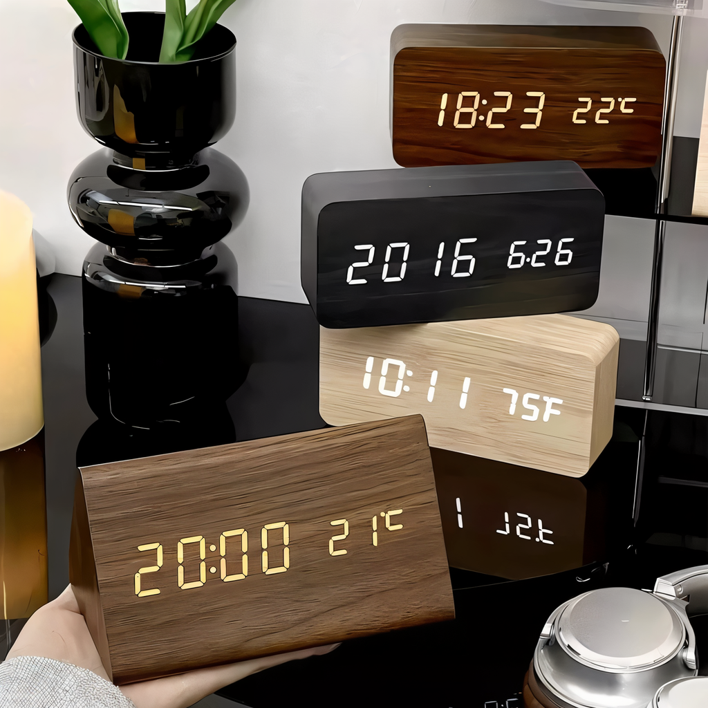Mosrugs | WakeyCue | Modern Wooden LED Digital Alarm Clock with Temperature & Humidity Display