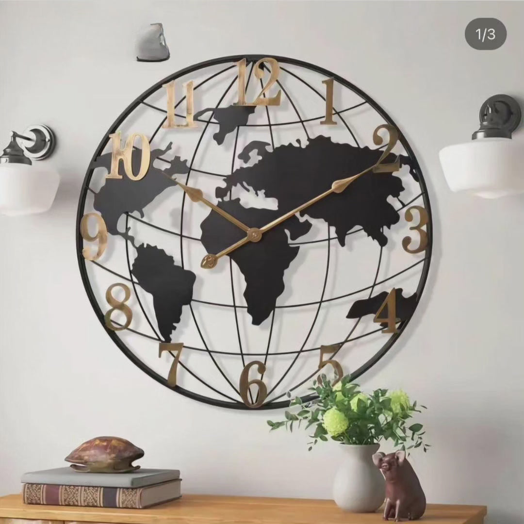Mosrugs | 60cm Large World Map Wall Clock – Modern Decorative Timepiece for Living Room