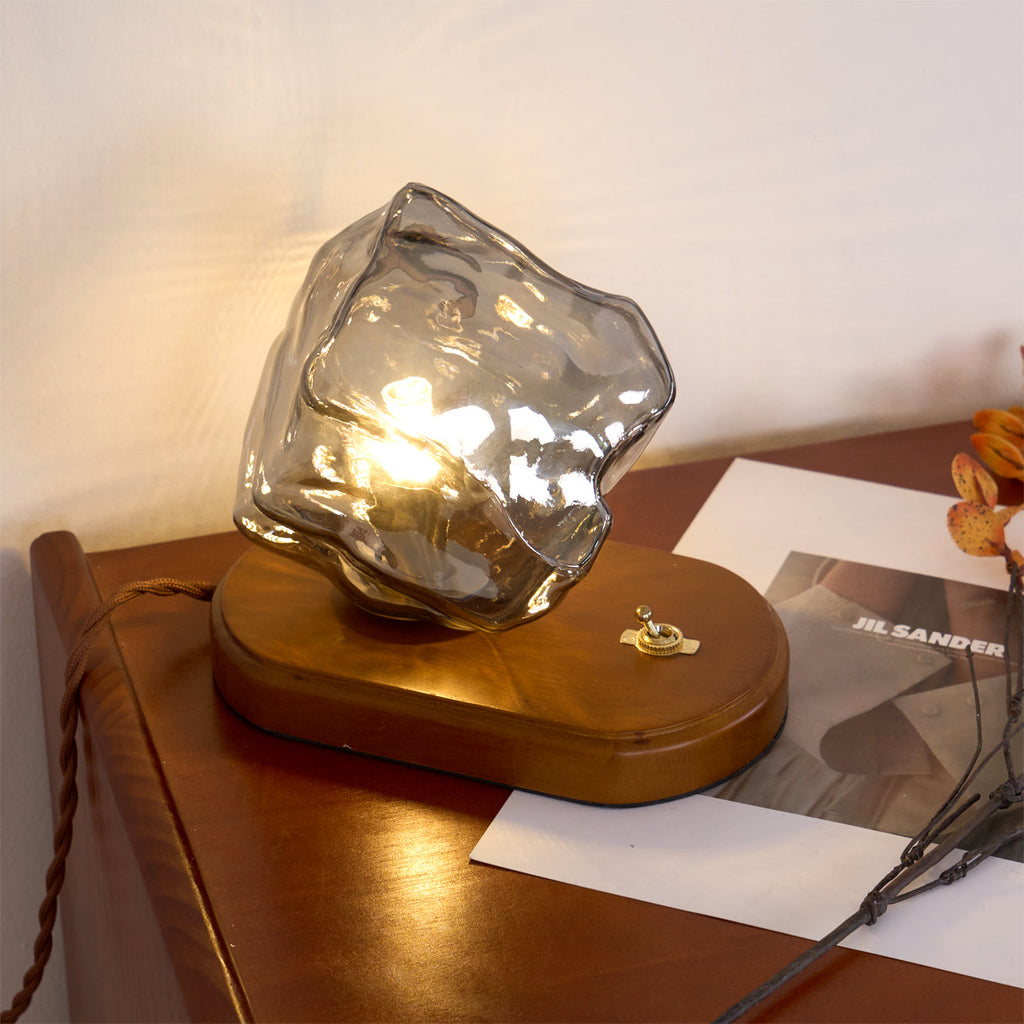 Mosrugs | RusticLume – Amber Glass and Wooden Table Lamp