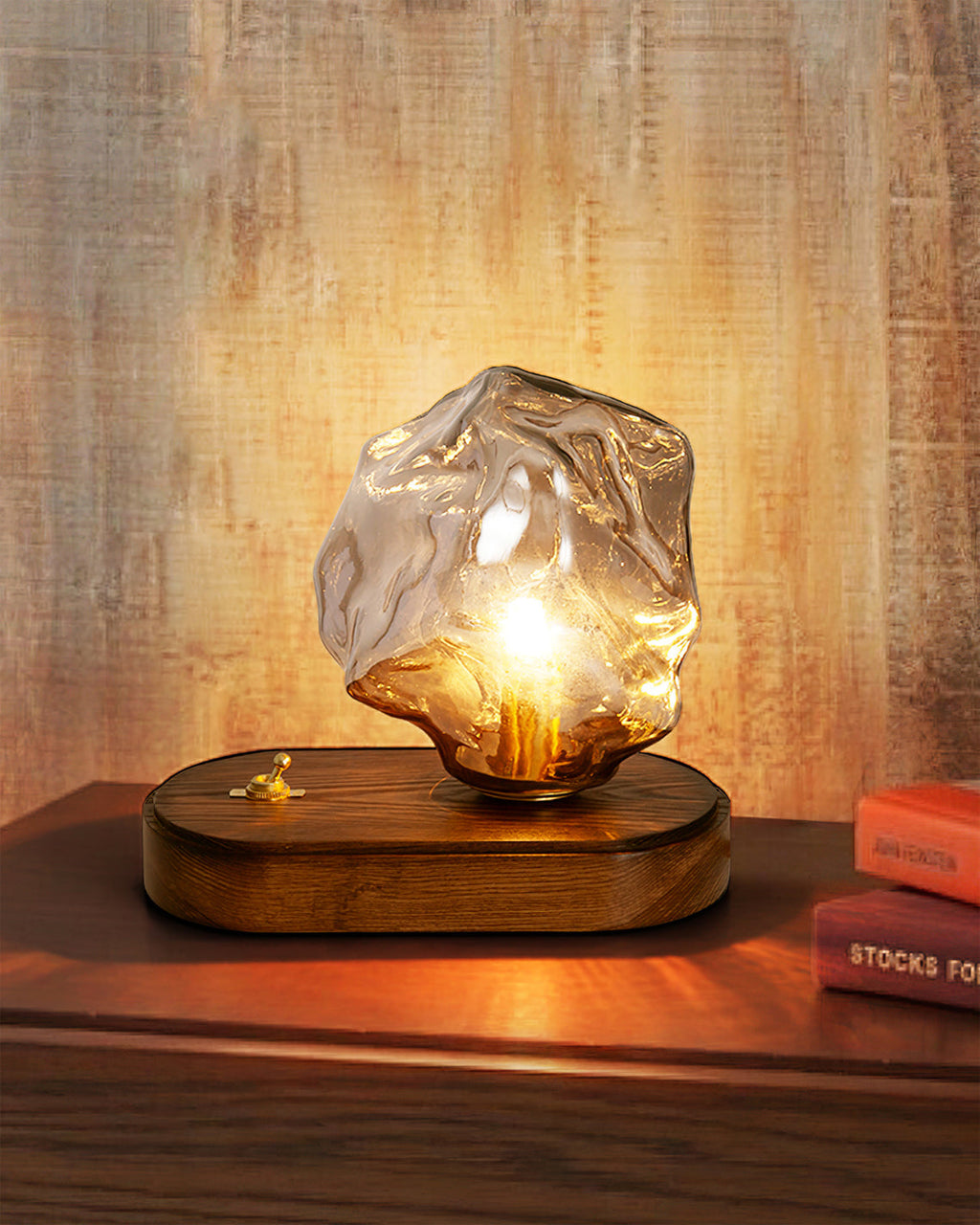 Mosrugs | RusticLume – Amber Glass and Wooden Table Lamp