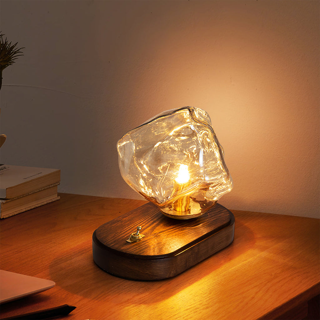 Mosrugs | RusticLume – Amber Glass and Wooden Table Lamp