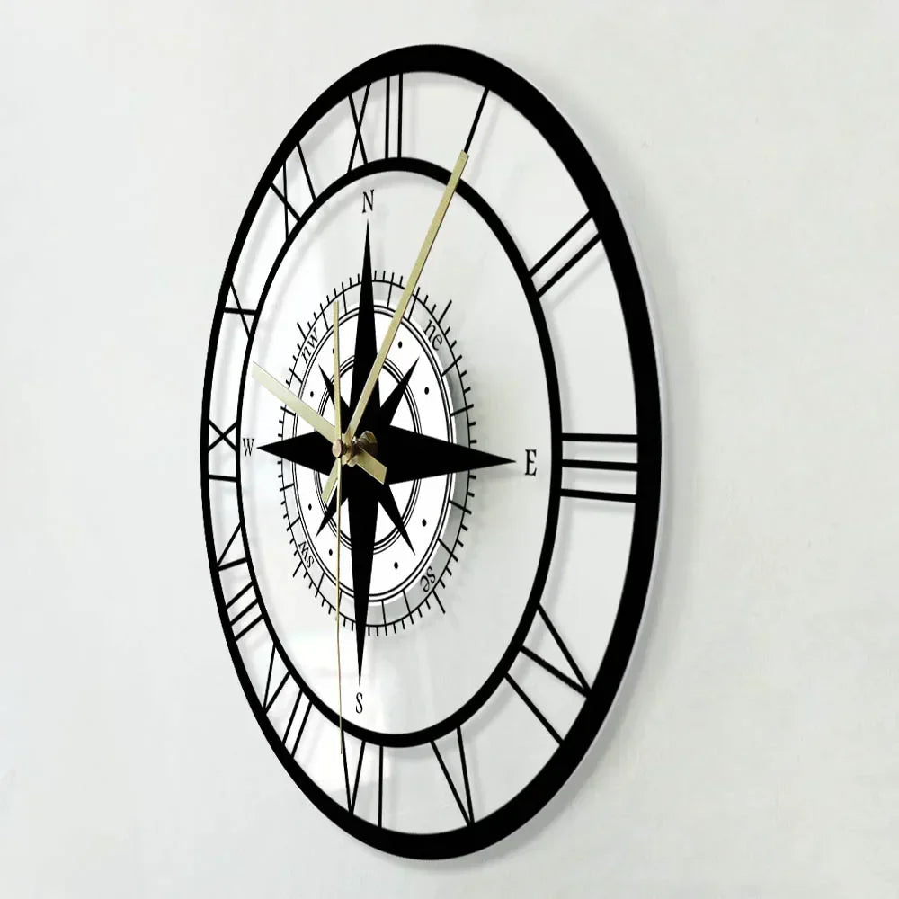 Mosrugs | Decorative Silent Wall Clock with Acrylic Compass – Modern Nautical Design
