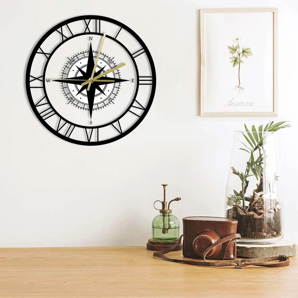 Mosrugs | Decorative Silent Wall Clock with Acrylic Compass – Modern Nautical Design