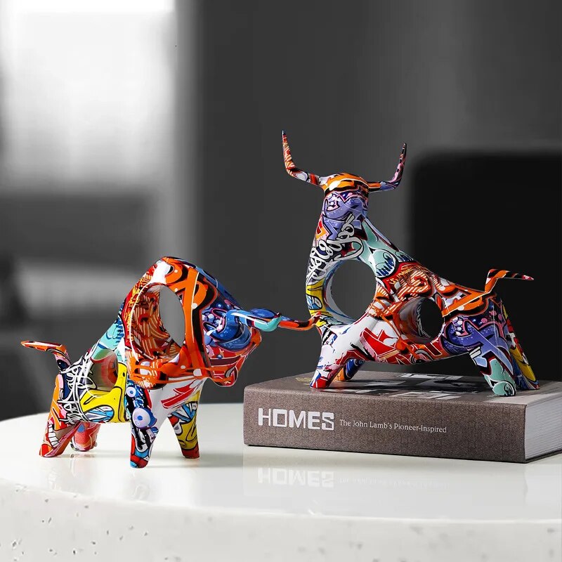 Mosrugs | Colourful Bull Sculpture – Modern Resin Statue with Graffiti Art Design