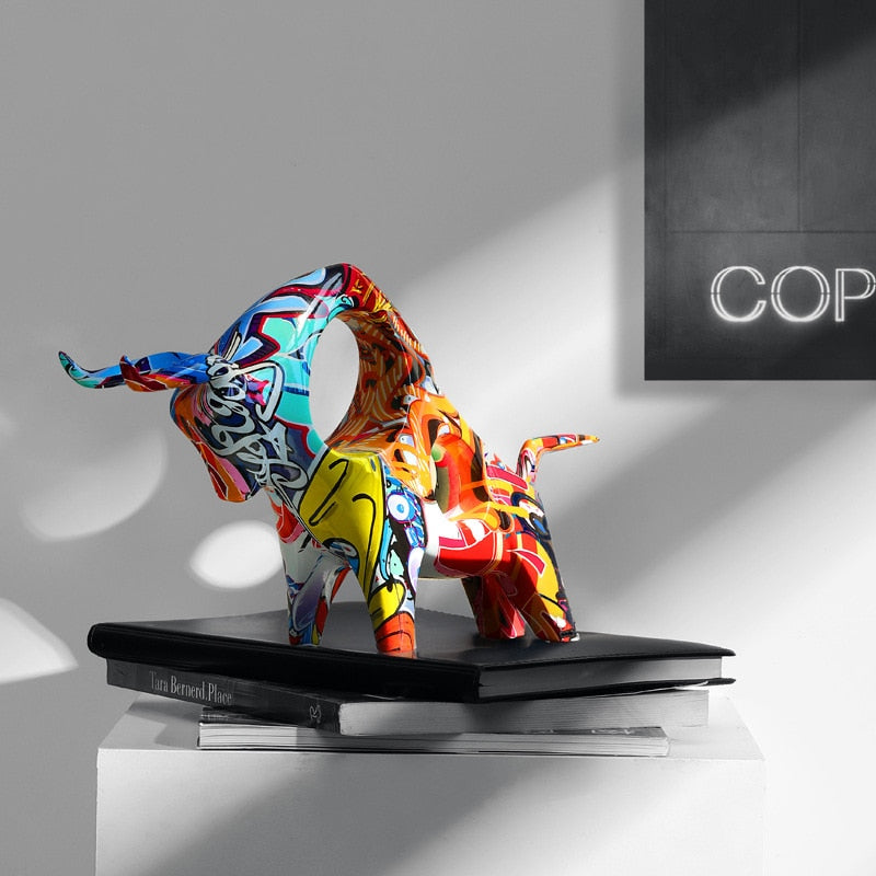 Mosrugs | Colourful Bull Sculpture – Modern Resin Statue with Graffiti Art Design