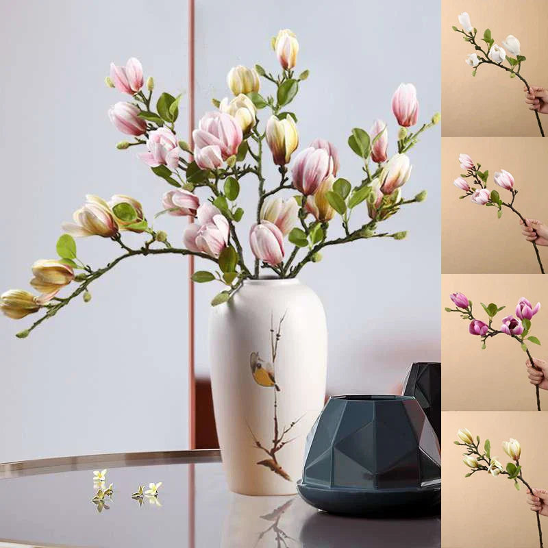 Mosrugs | GraceBloom | Artificial Magnolia Branches – Realistic Silk Flower Stems for Home Décor