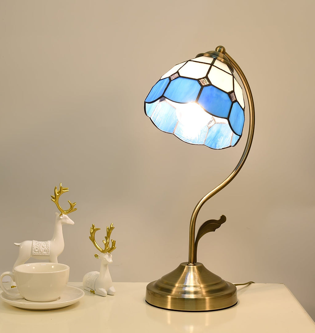 Mosrugs | LuxePetal – White and Blue Glass Floral Table Lamp in Gold