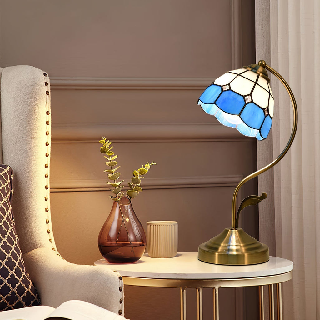 Mosrugs | LuxePetal – White and Blue Glass Floral Table Lamp in Gold