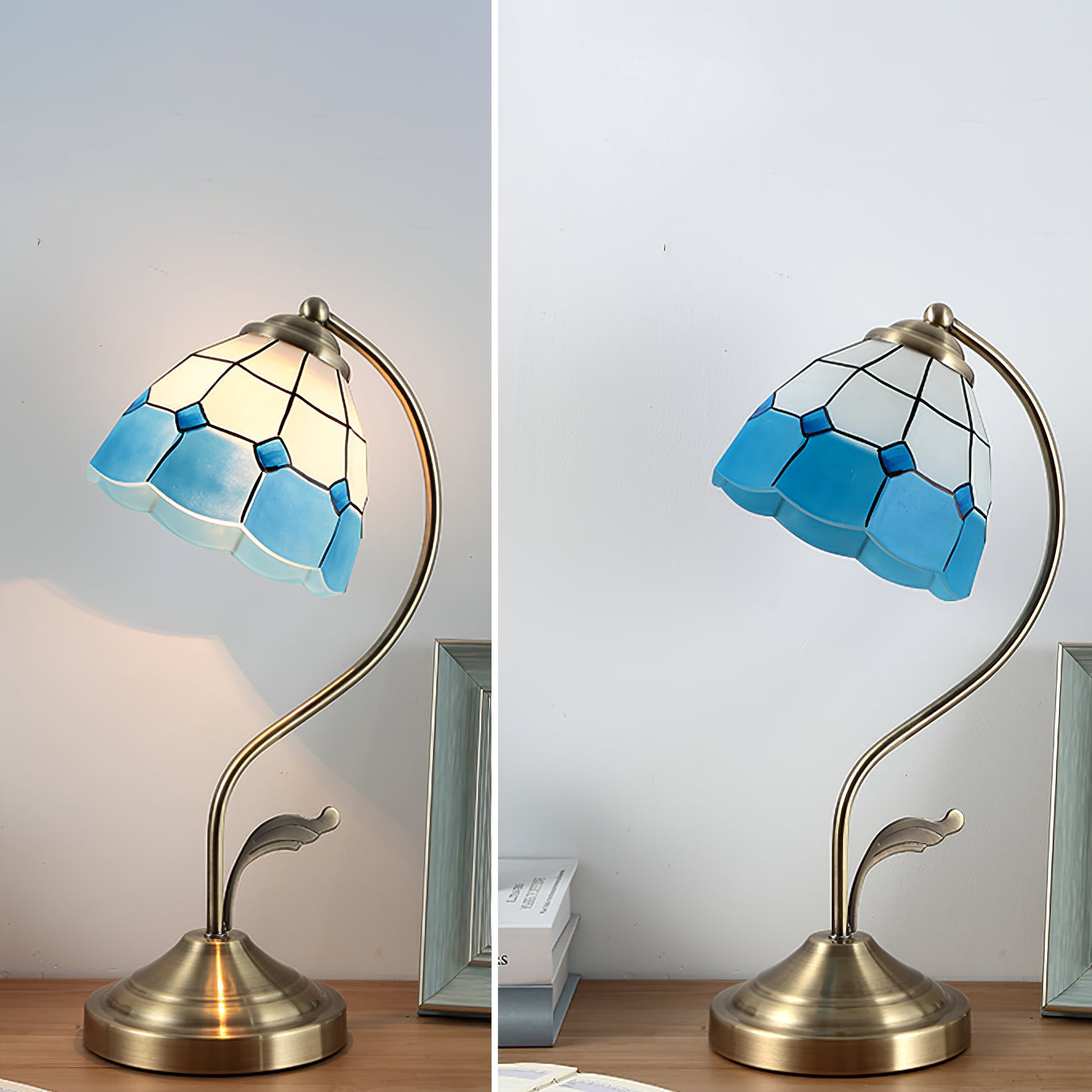 Mosrugs | LuxePetal – White and Blue Glass Floral Table Lamp in Gold
