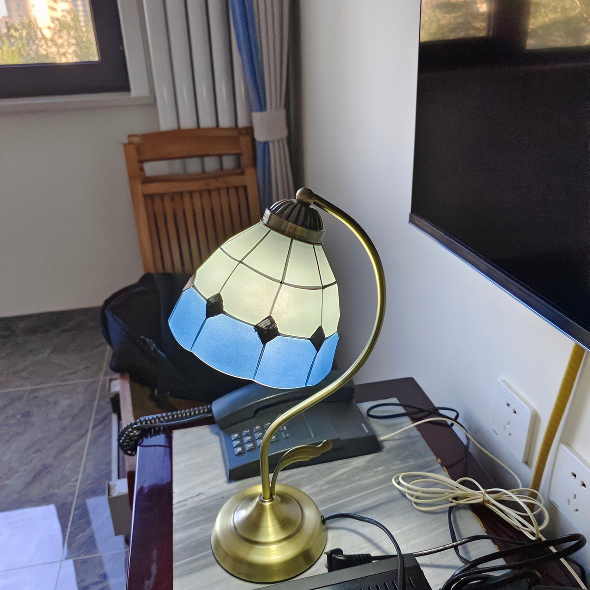 Mosrugs | LuxePetal – White and Blue Glass Floral Table Lamp in Gold